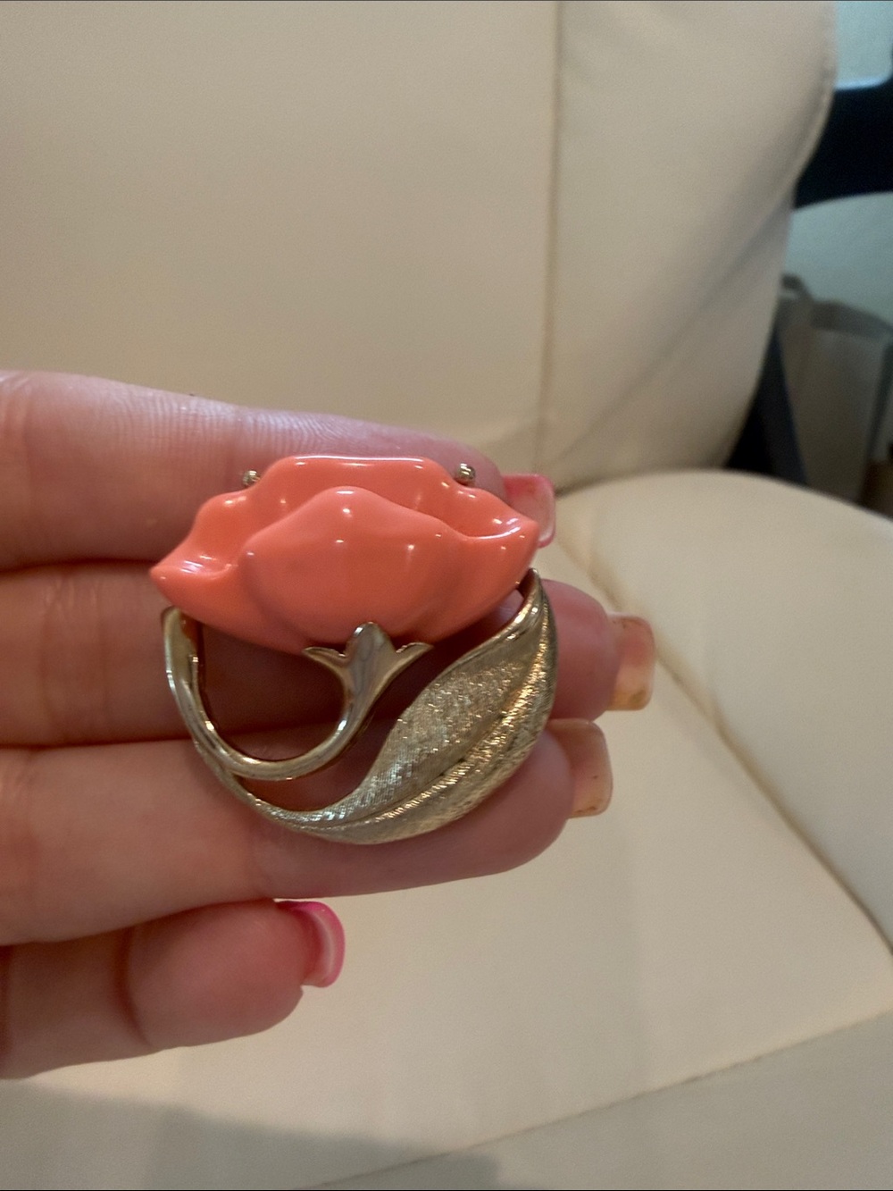 Vintage Coral Enamel Flower Brooch with Gold Leaf. Signed Avon in back
